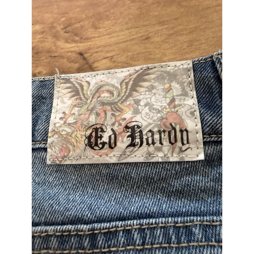 Vintage Y2K Ed Hardy Wide Leg Jeans Size 28 Tattoo Graphic Koi Tiger Dragon 32" - Picture 6 of 10